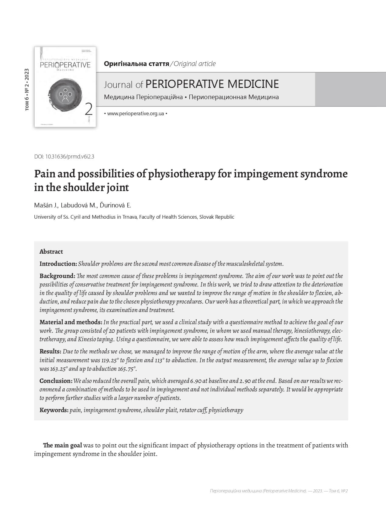 Pain and possibilities of physiotherapy for impingement syndrome in the shoulder joint